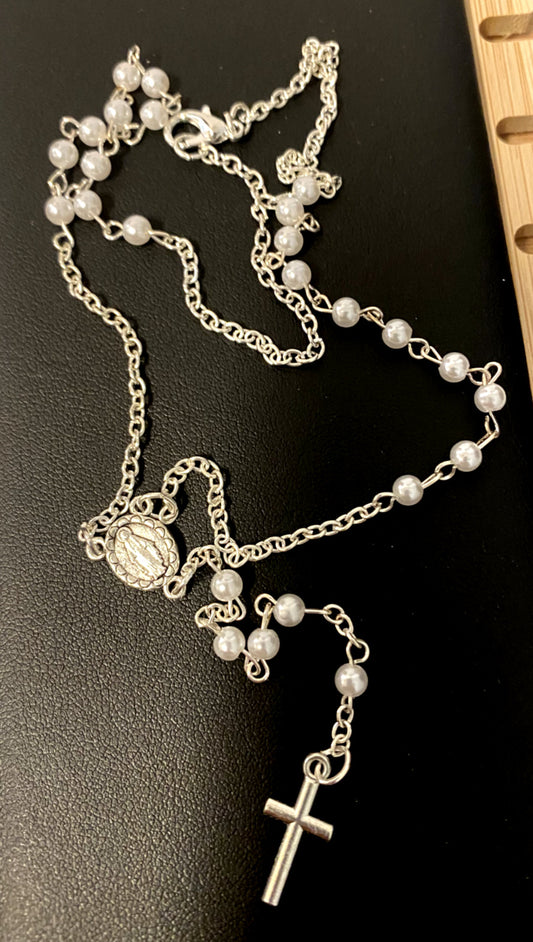 White Faux Pearl  Rosary 18" L  Necklace, New  #AB-089 - Bob and Penny Lord