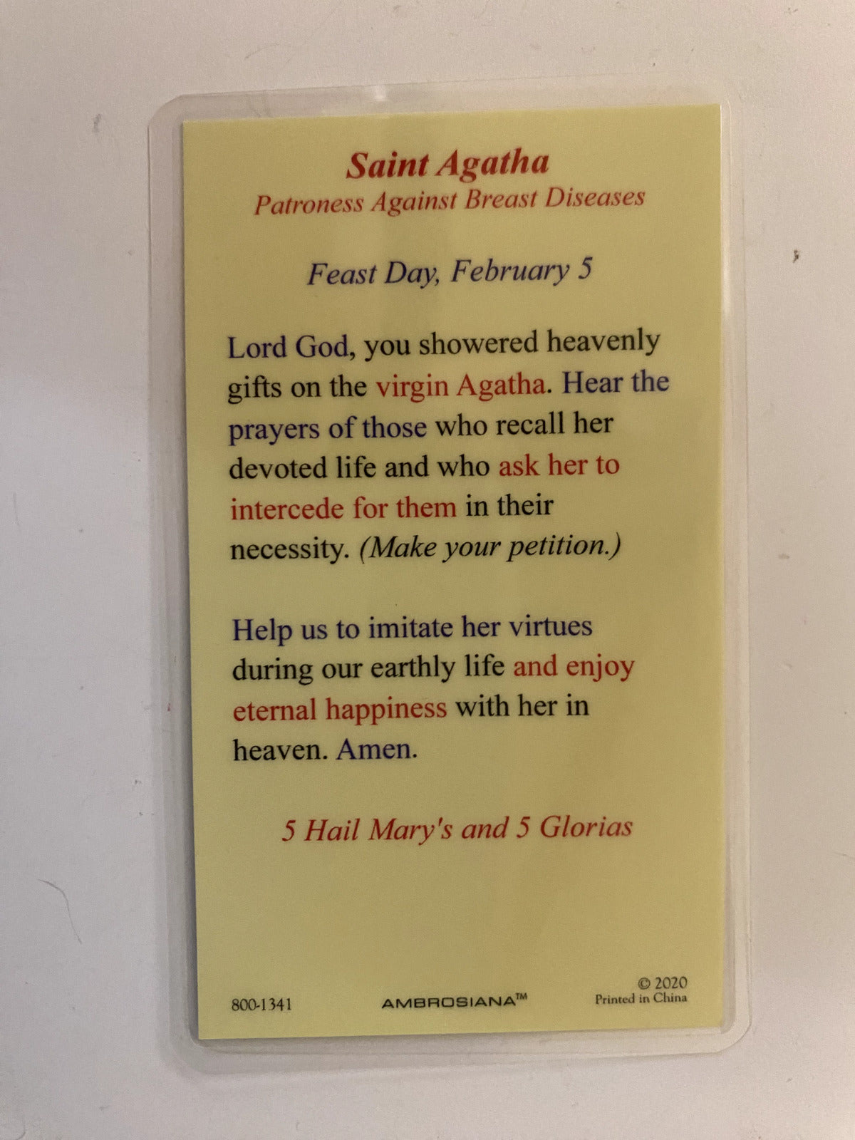 Saint Agatha  (Patron Saint Against Breast Diseases), Laminated Prayer Card, New - Bob and Penny Lord