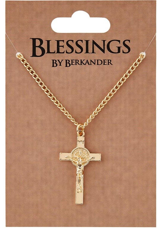Saint Benedict Gold tone Crucifix Necklace, New #AB-077 - Bob and Penny Lord