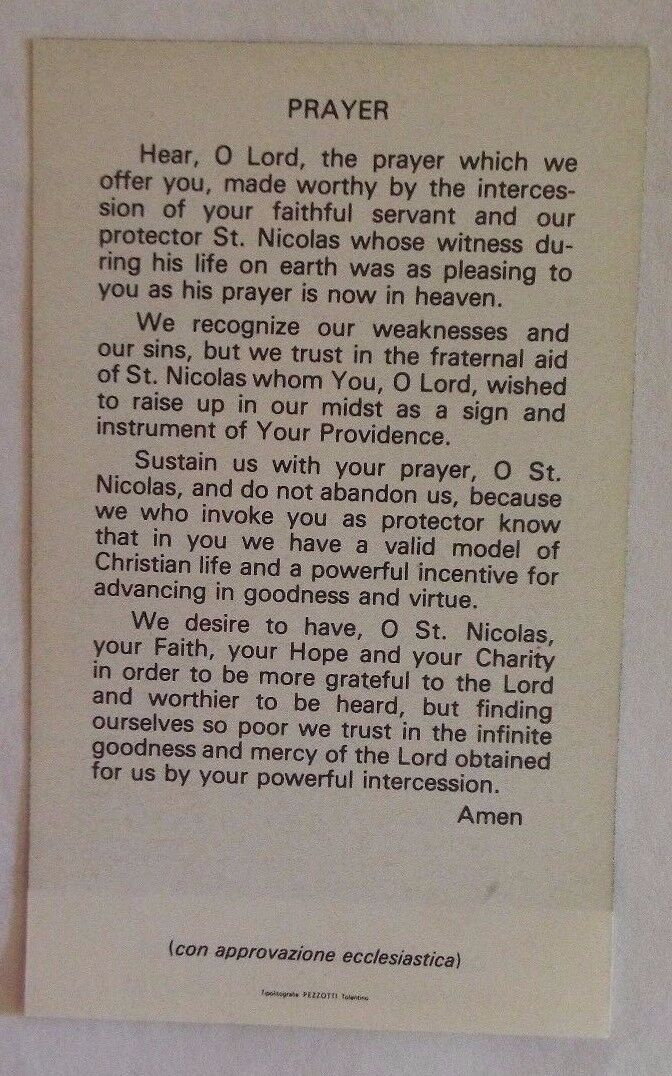 Saint Nicholas of Tolentino Prayer Card, From Italy - Bob and Penny Lord