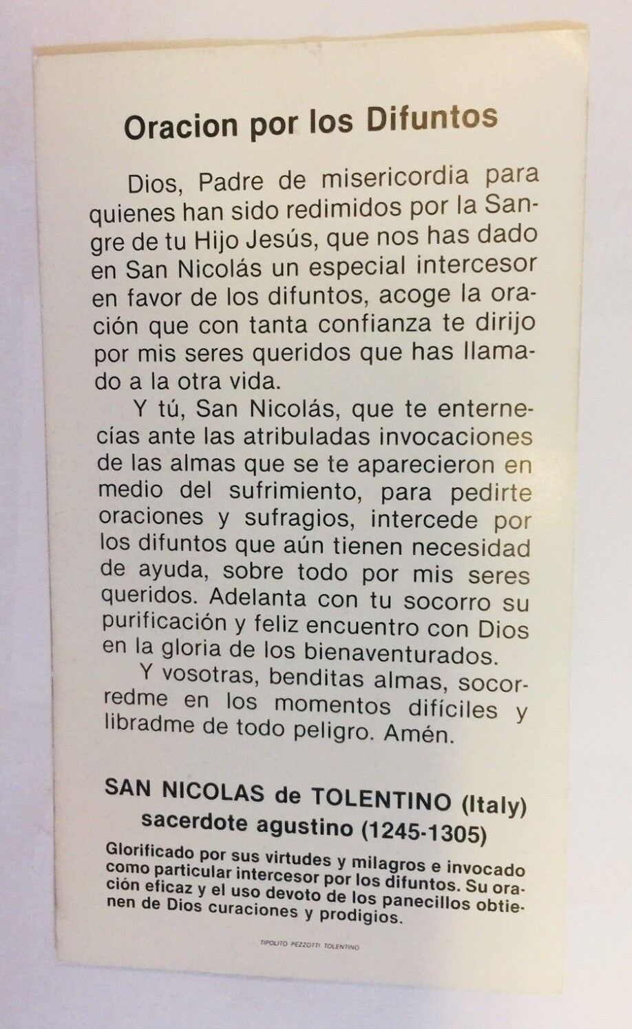 San Nicolás de Tolentino, Oración por los Difuntos, Estampita en Español, Nueva - Bob and Penny Lord