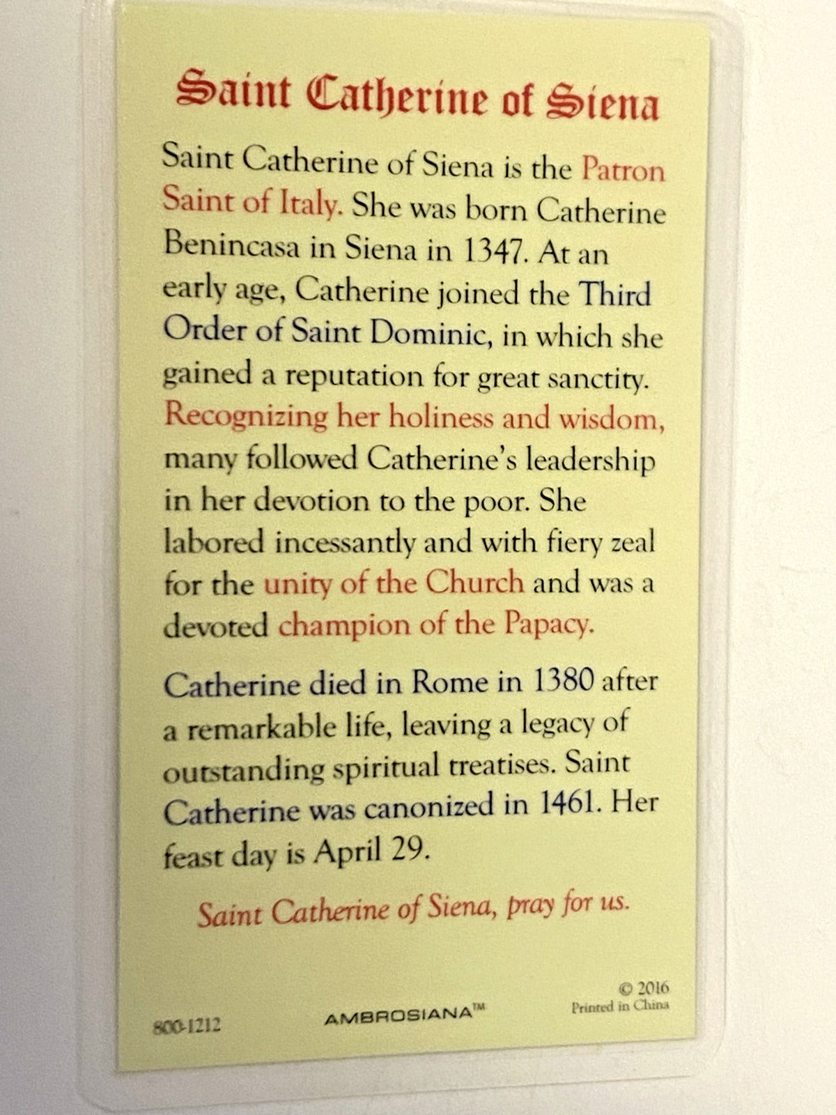 Saint Catherine of Siena Laminated Bio Card, New - Bob and Penny Lord