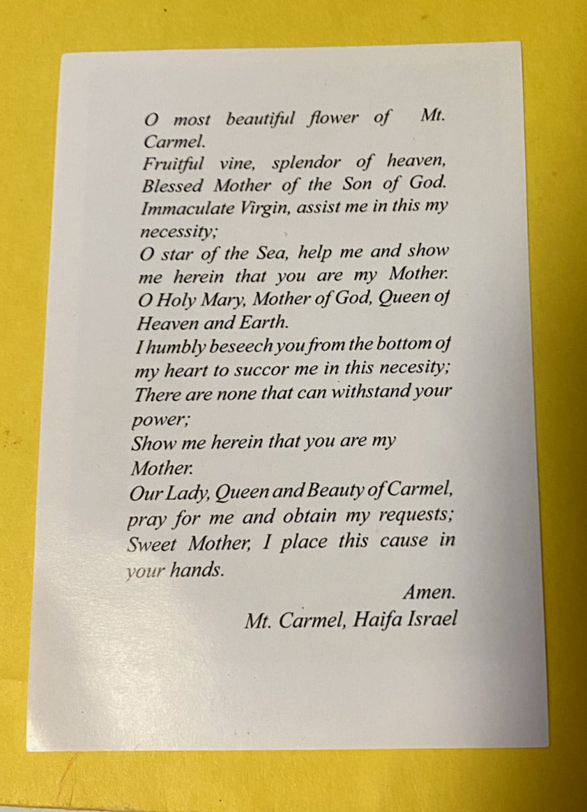Our Lady of Mount Carmel Prayer Card, New From Holy Land - Bob and Penny Lord