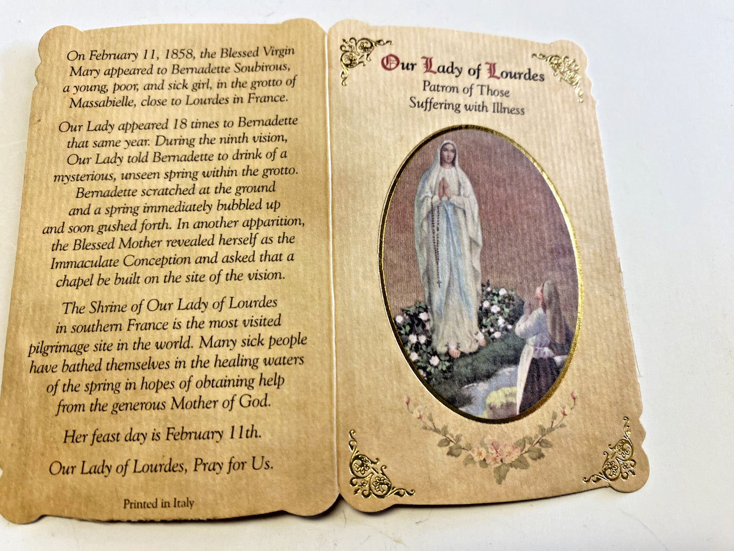 Our Lady of Lourdes "Suffering Illness Prayer" Card + Medal, New from Italy - Bob and Penny Lord