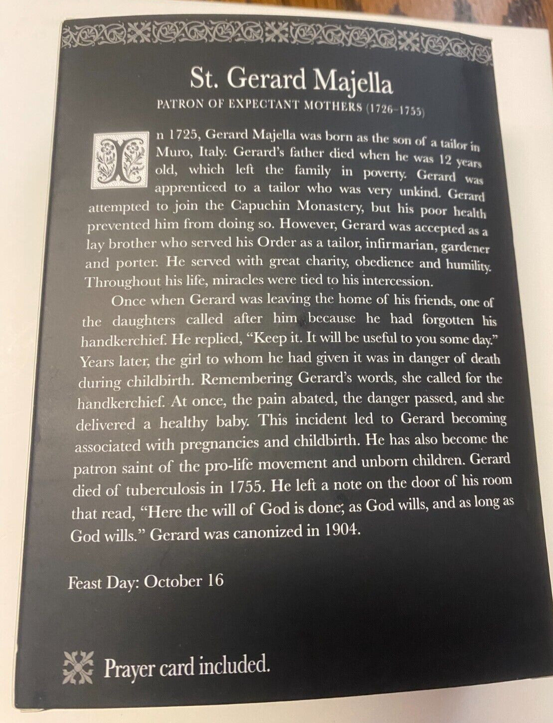 Saint Gerard Majella 4" H Statue,+ Prayer Card & Bio,  New