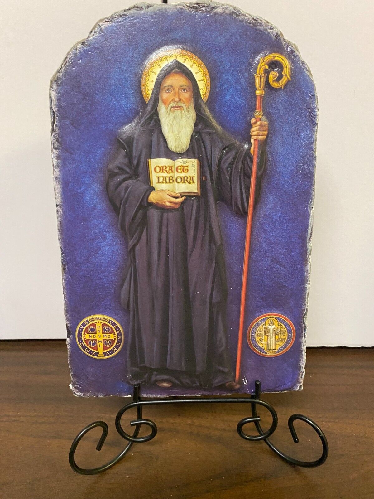 Saint Benedict  Arched Tile Plaque with metal stand, New - Bob and Penny Lord
