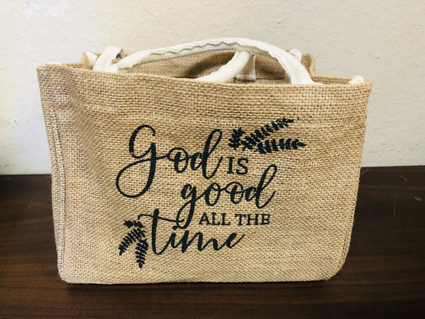 Jute small Tote, "God is good all the time", 10"x 7.5", New - Bob and Penny Lord