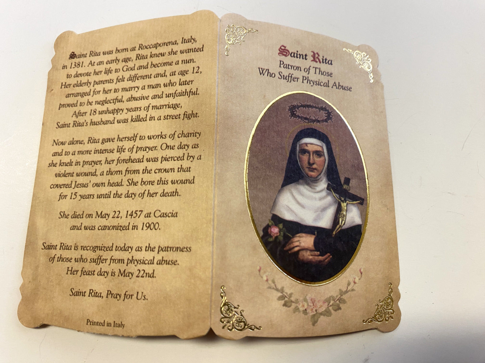 Saint Rita of Cascia Prayer Folder + Medal,  New from Italy - Bob and Penny Lord