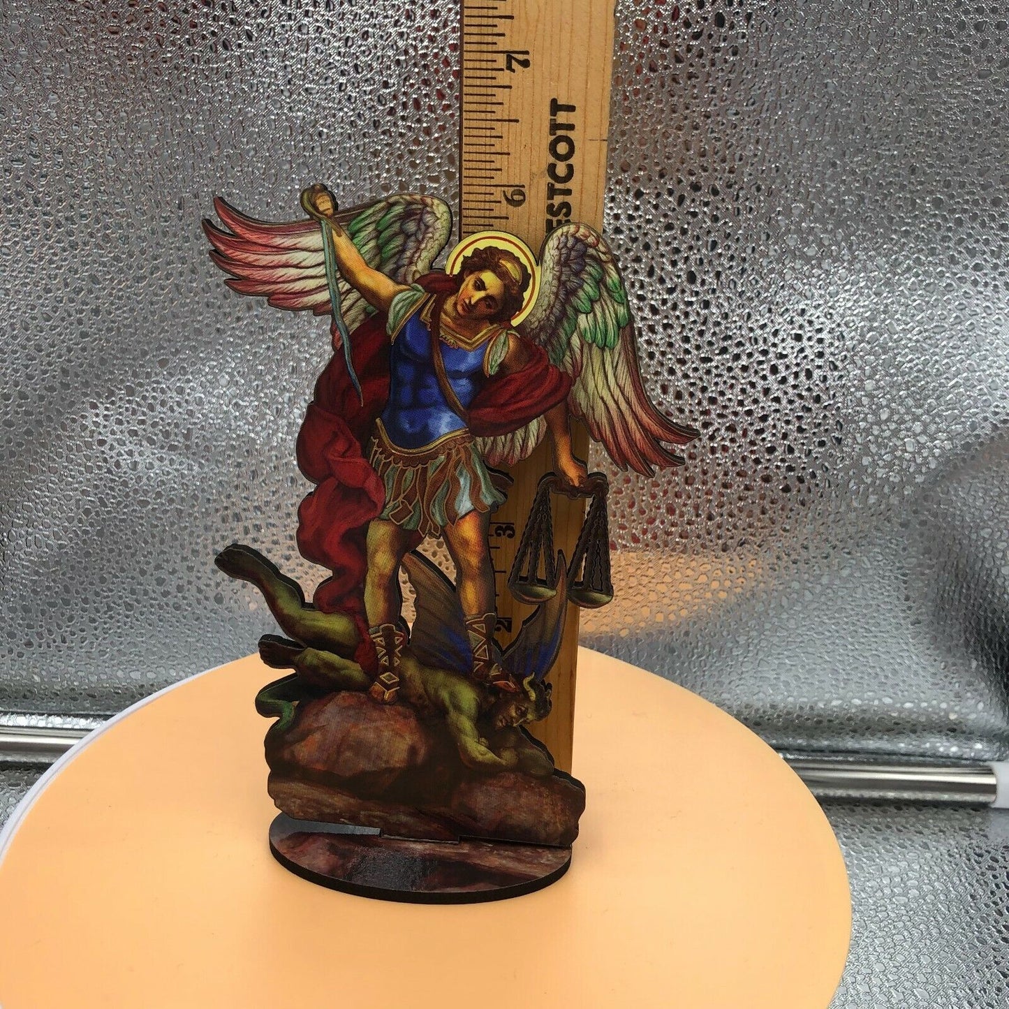 Saint Michael The Archangel 6" Laser Image on Thin Wood Statue, New #93 - Bob and Penny Lord