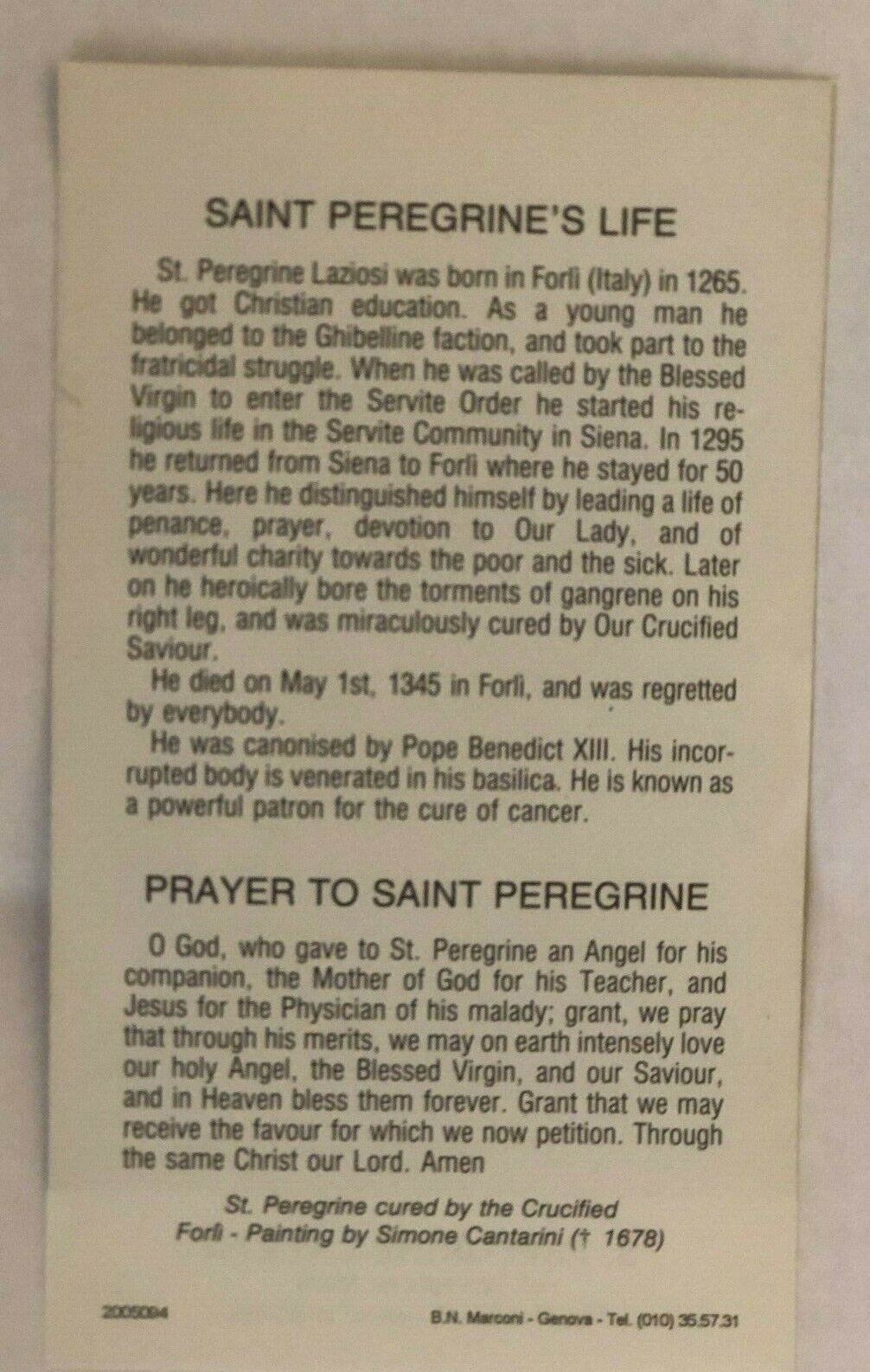Saint Peregrine Laziosi  (The Cancer Saint)  Prayer Card, From Italy New 2 - Bob and Penny Lord