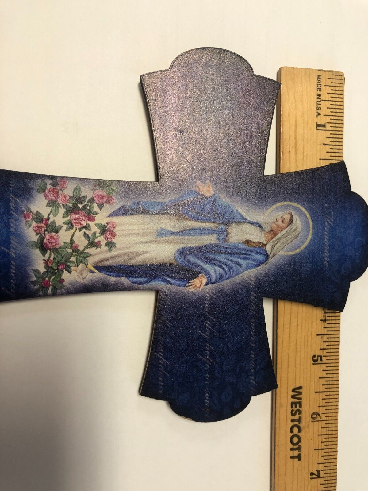 Our Lady of Grace 8" Laser Cross set Thin Wood,  New - Bob and Penny Lord
