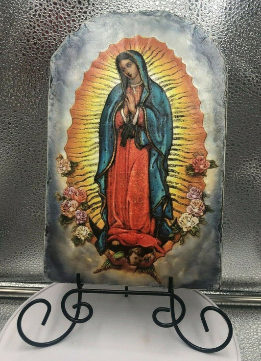 Our Lady of Guadalupe Arched Tile Plaque with metal stand, New - Bob and Penny Lord