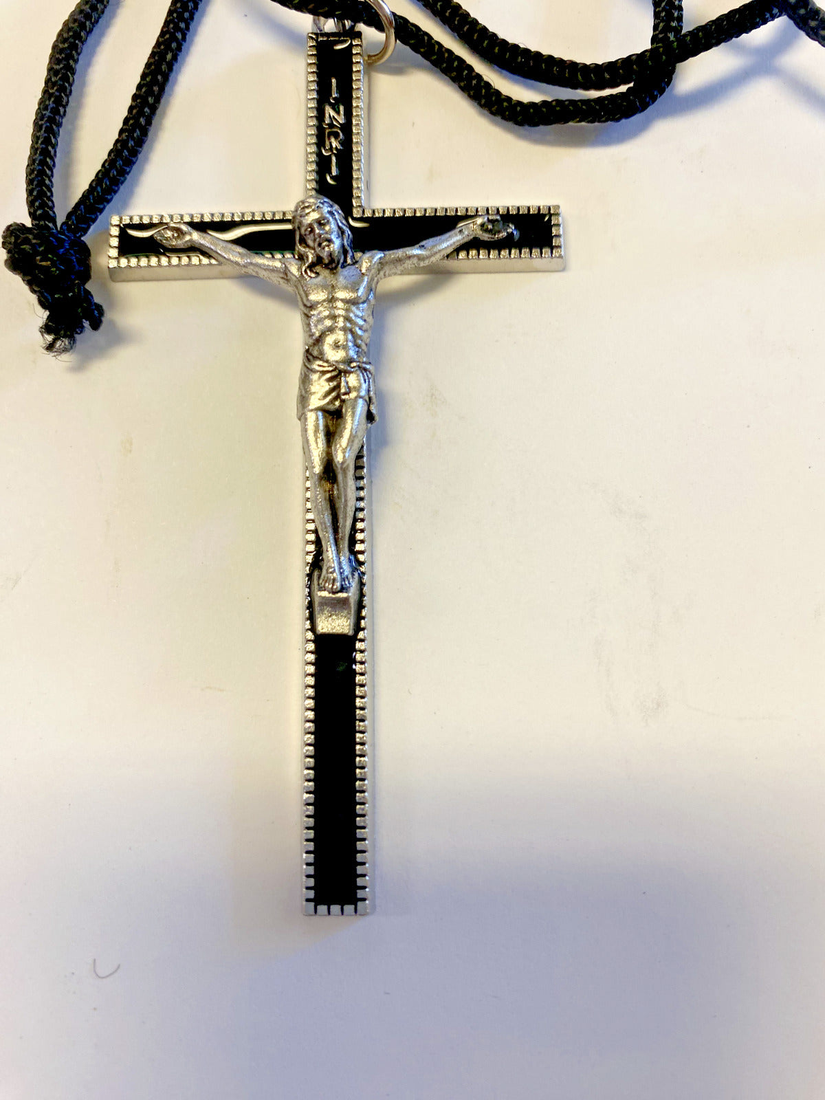 Black Enamel Corded 3.50" Crucifix, New - Bob and Penny Lord