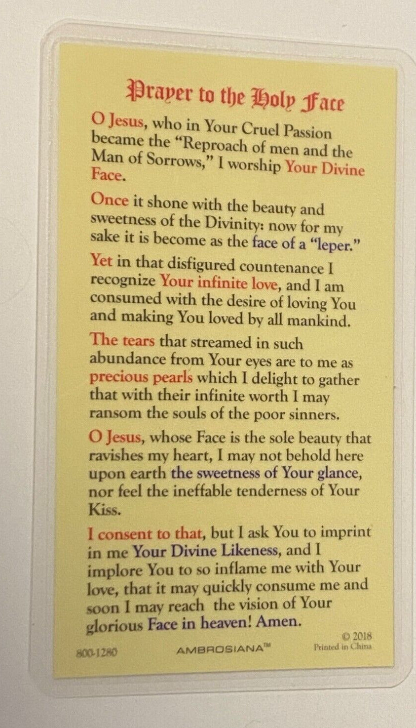 Saint Veronica "Prayer to the Holy Face of Jesus", Laminated Prayer Card, New - Bob and Penny Lord