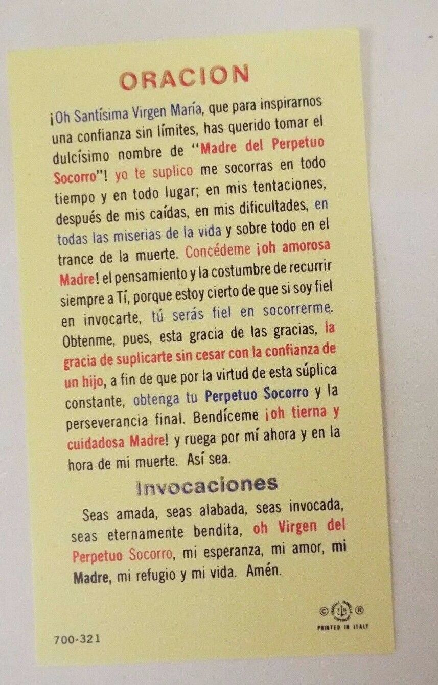 Virgen del Perpetuo Socorro Estampa de oración /Spanish Prayer,New - Bob and Penny Lord