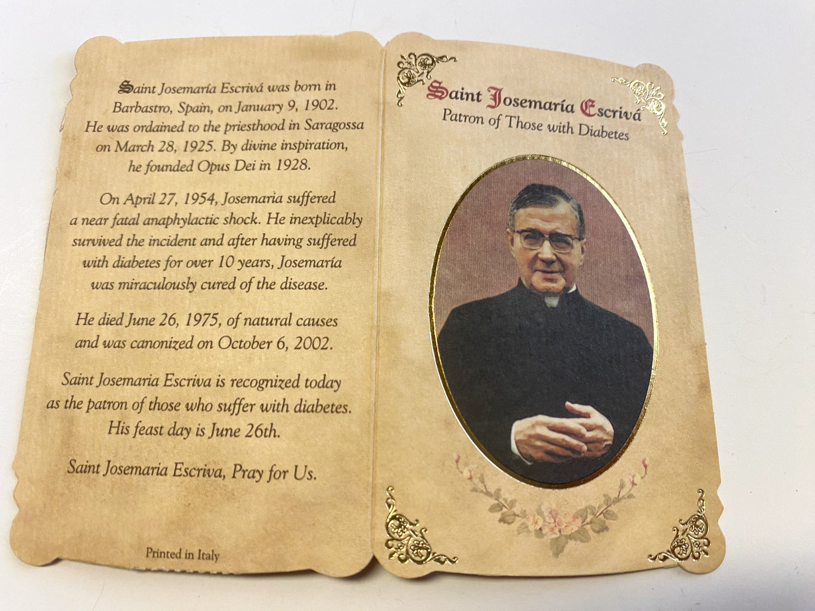 Saint Josemaria Escriva  Prayer folder + Medal, New - Bob and Penny Lord