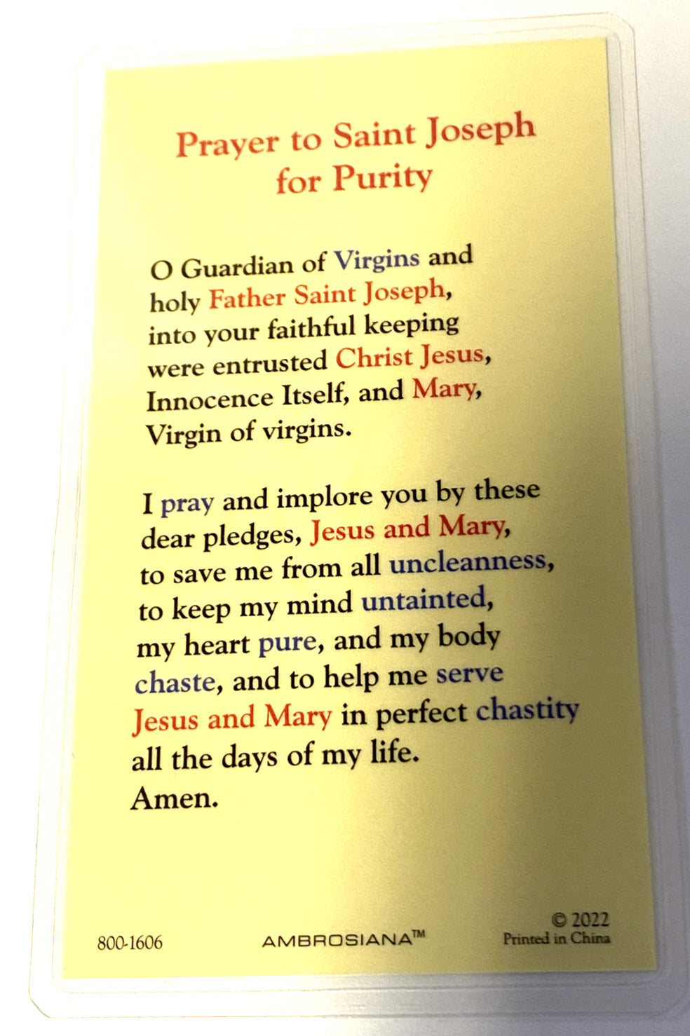 Saint Joseph Laminated "Prayer for Purity" Card, New - Bob and Penny Lord