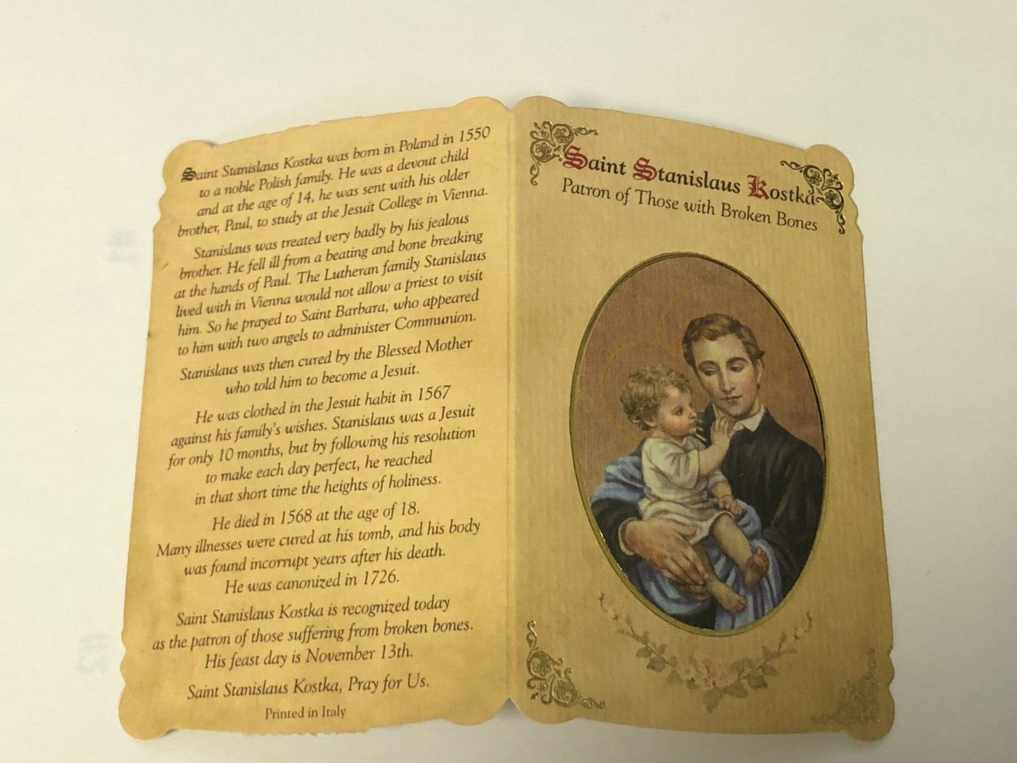 Saint Stanislaus Kostkas Bio,Prayer folder + Medal, New - Bob and Penny Lord