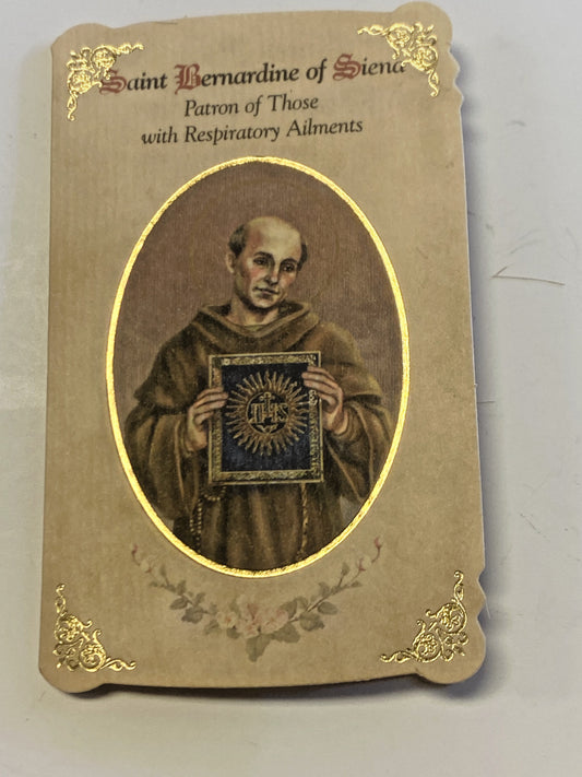 Saint Bernardine of Siena"  Respiratory Ailments "Prayer Folder + Medal, New