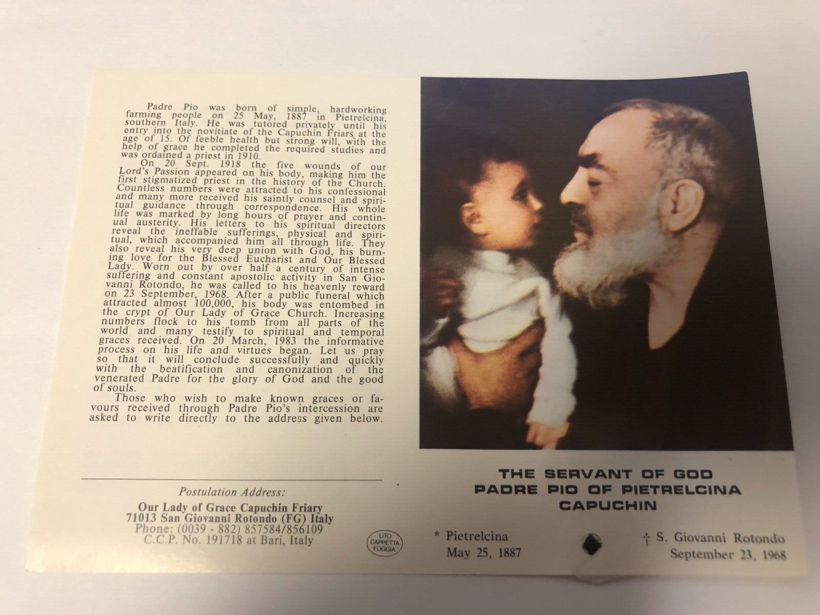 Padre Pio Prayer & Efficacious Novena Folder + 3rd Class Relic, New From Italy - Bob and Penny Lord