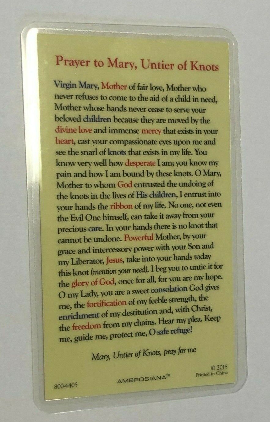 Our Lady Undoer (Untier) of Knots Laminated Prayer Card, New - Bob and Penny Lord