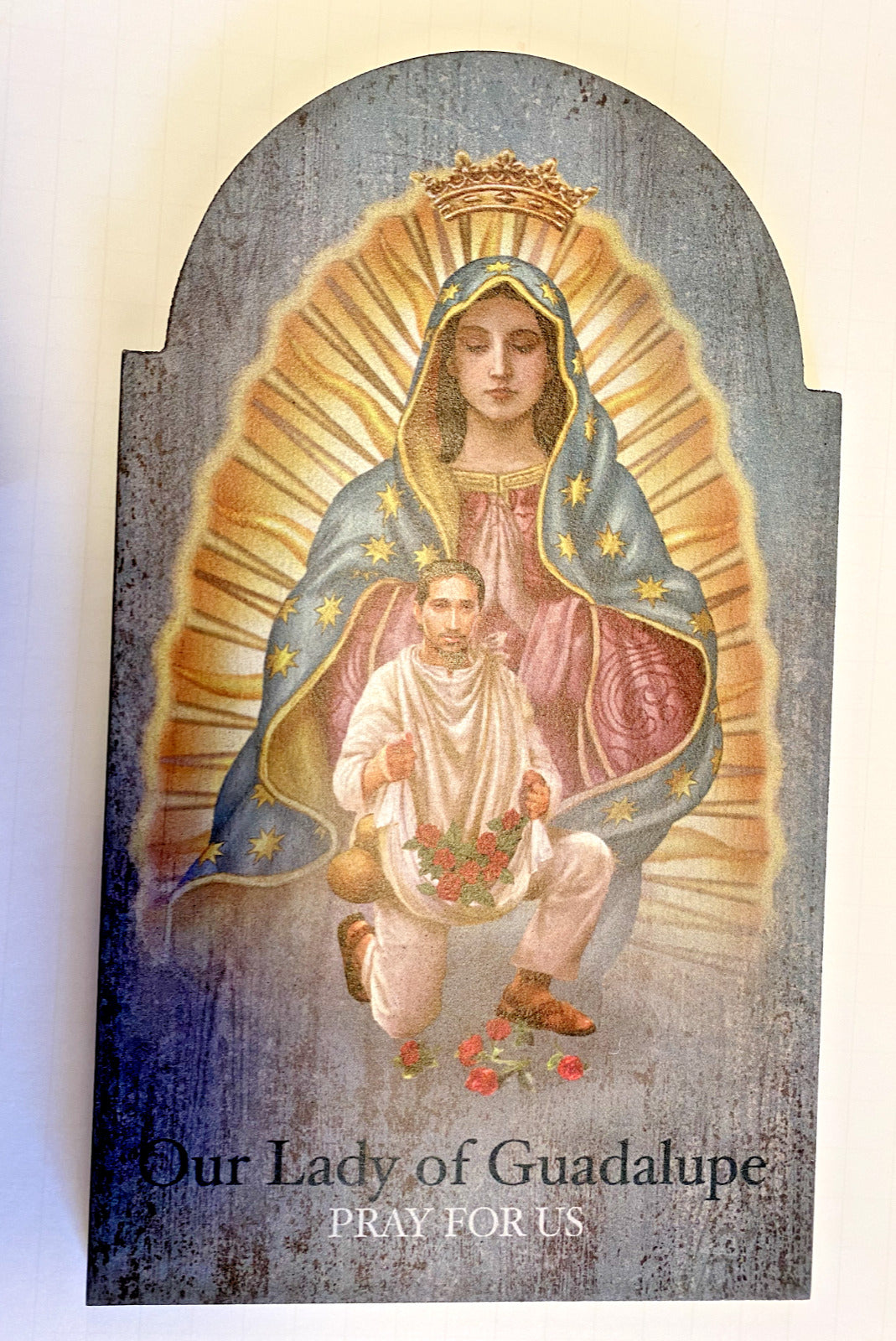 Our Lady of Guadalupe with Juan Diego 12" Arch Wood Plaque,  New - Bob and Penny Lord