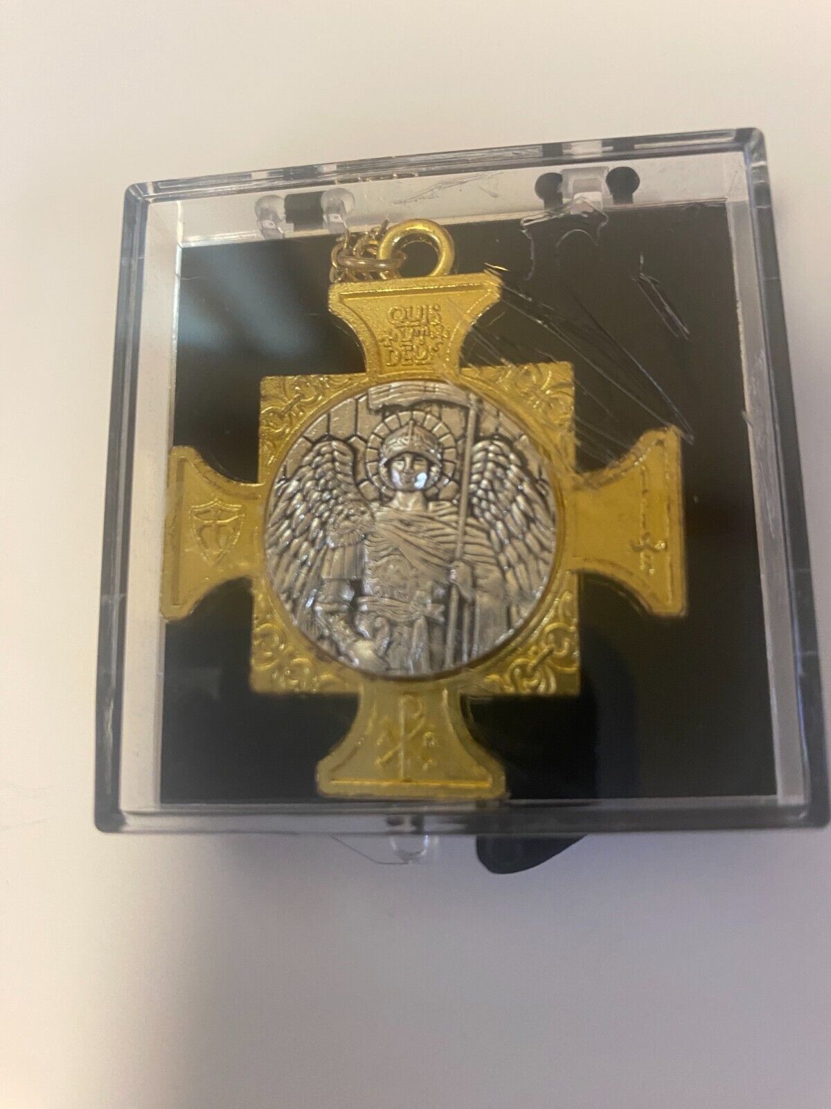 Saint Michael The Archangel Iron Cross Gold tone/Silver tone Pendant, New