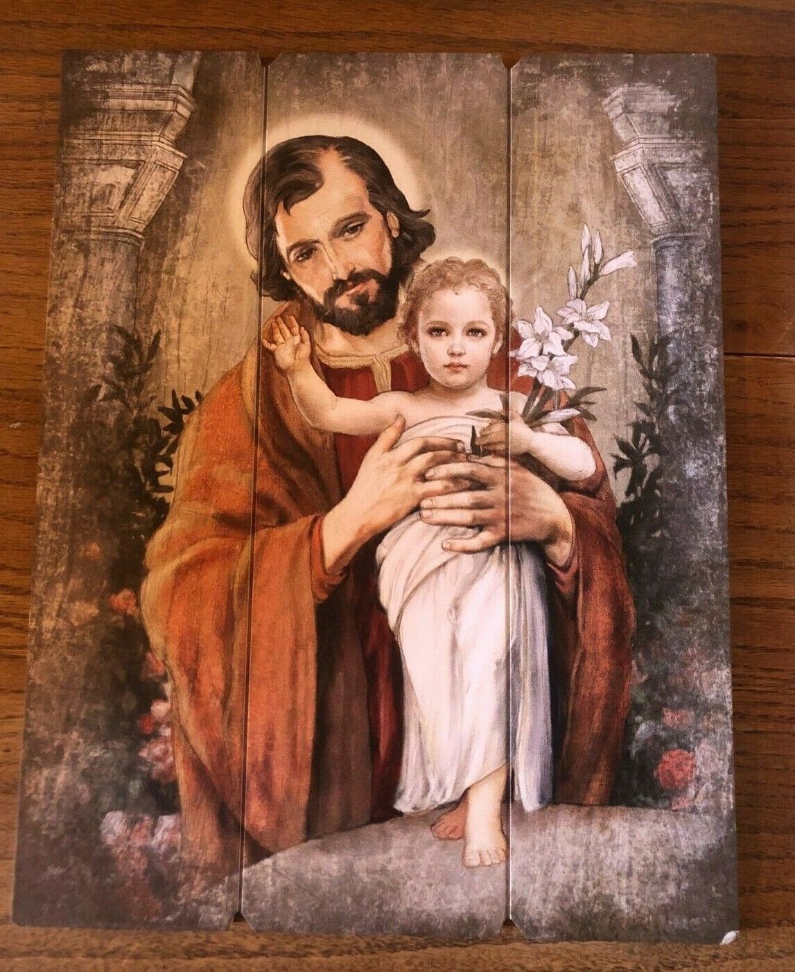 Saint Joseph with Child Image on Wood Pallet, New - Bob and Penny Lord