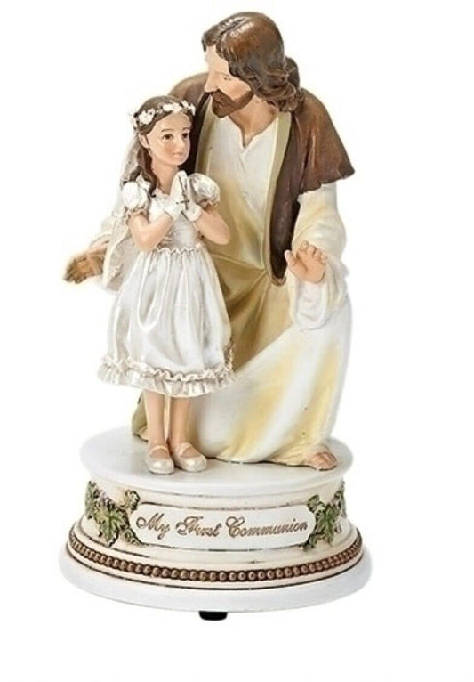 Jesus with Girl Communion Musical Figurine, 7.25"  New - Bob and Penny Lord