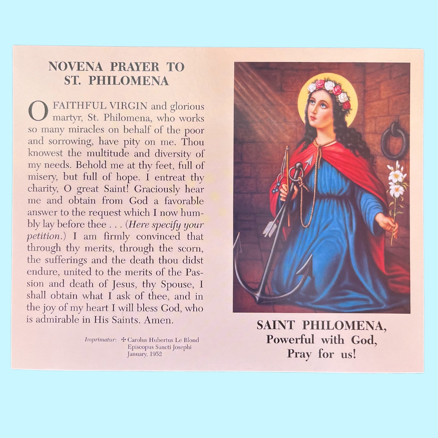 Saint Philomena Novena Prayer Card - Bob and Penny Lord