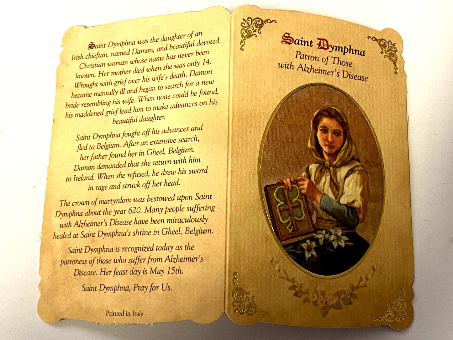 Saint Dymphna  Prayer Card + Medal, New from Italy - Bob and Penny Lord
