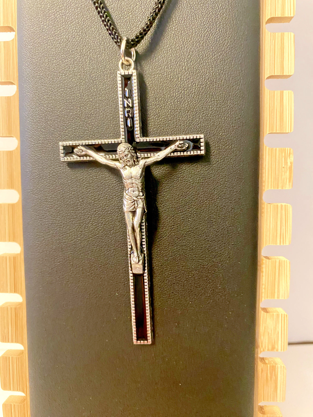Black Enamel Corded 3.50" Crucifix, New - Bob and Penny Lord