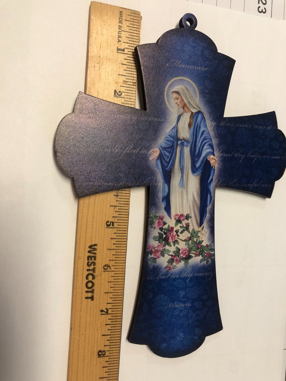 Our Lady of Grace 8" Laser Cross set Thin Wood,  New - Bob and Penny Lord