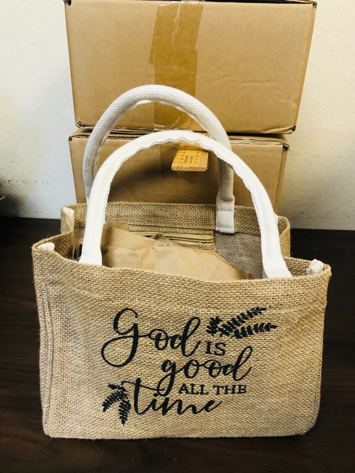 Jute small Tote, "God is good all the time", 10"x 7.5", New - Bob and Penny Lord