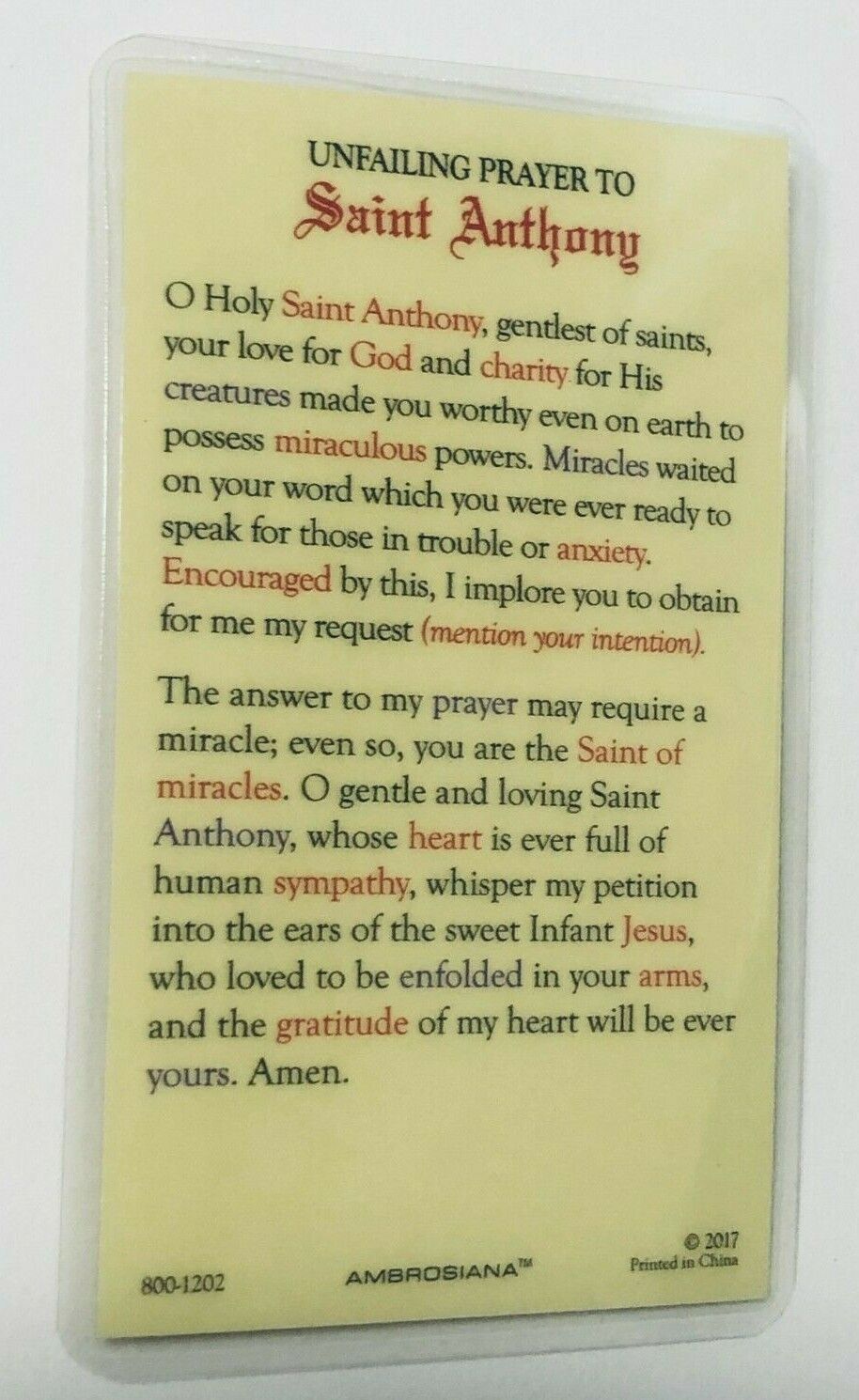 Saint Anthony of Padua" Unfailing Prayer" Laminated Card, New - Bob and Penny Lord