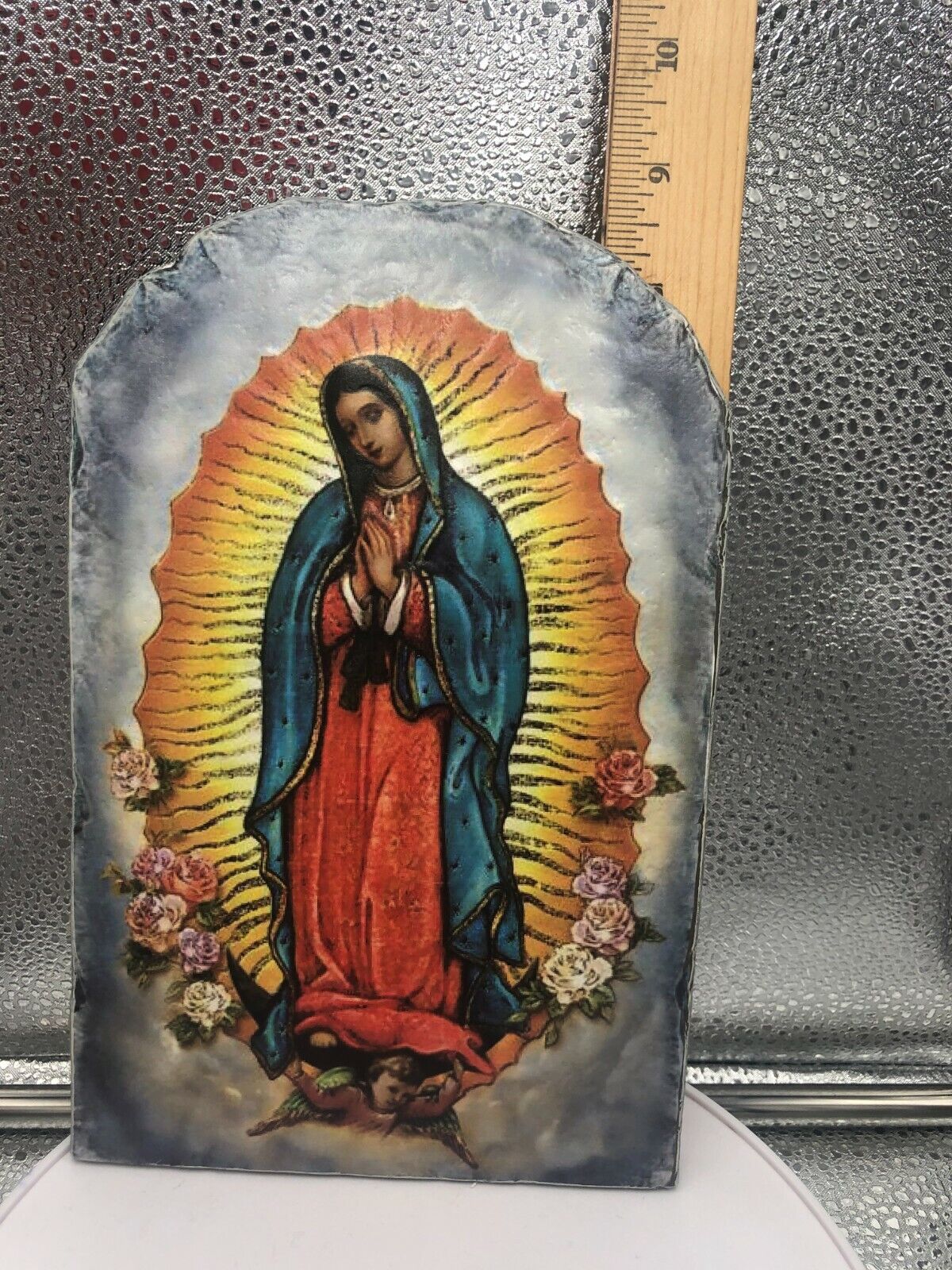 Our Lady of Guadalupe Arched Tile Plaque with metal stand, New - Bob and Penny Lord