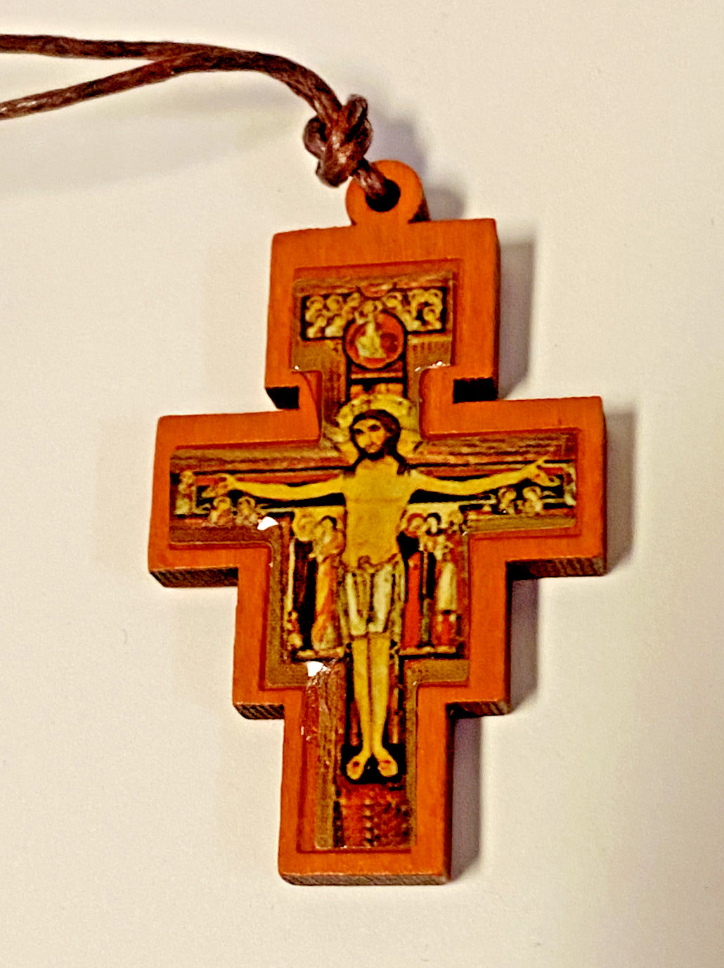 San Damiano Wood 1  7/8" Crucifix, Corded Necklace, New #AB-081 - Bob and Penny Lord