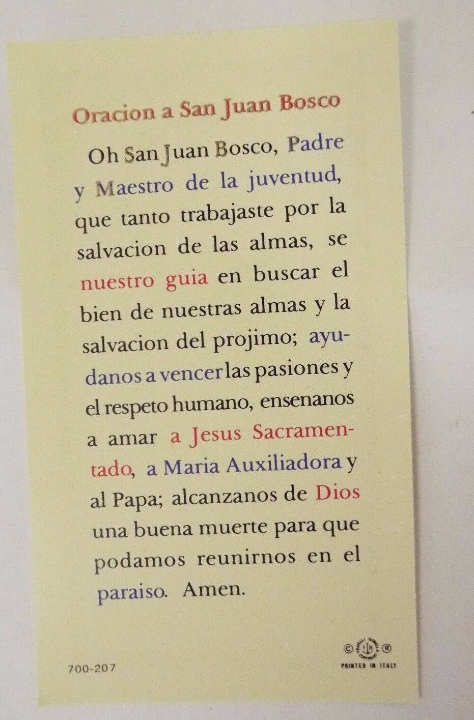 Estampa de oración de San Juan Bosco/Spanish Prayer Card, New - Bob and Penny Lord