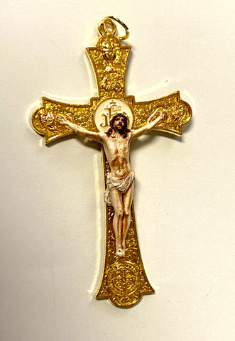 Holy Mass Crucifix with Saint Benedict Medal, Gold tone, 3", New