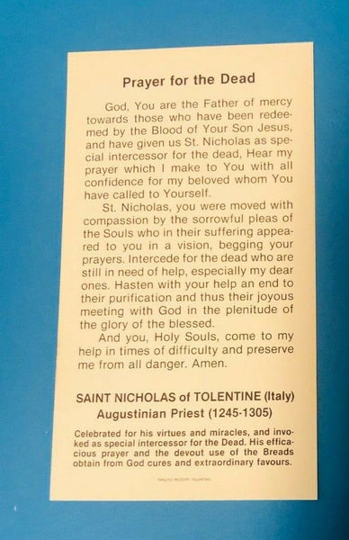 Saint Nicholas of Tolentino Prayer for the Dead Card, From Italy
