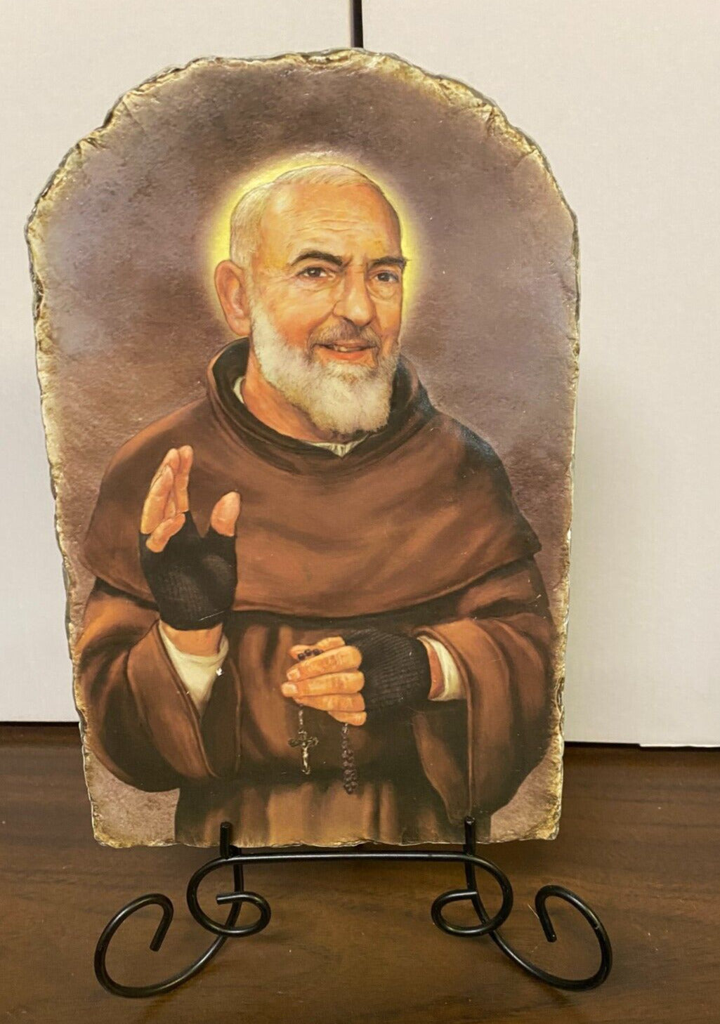 Padre Pio Arched Tile Plaque with metal stand, New
