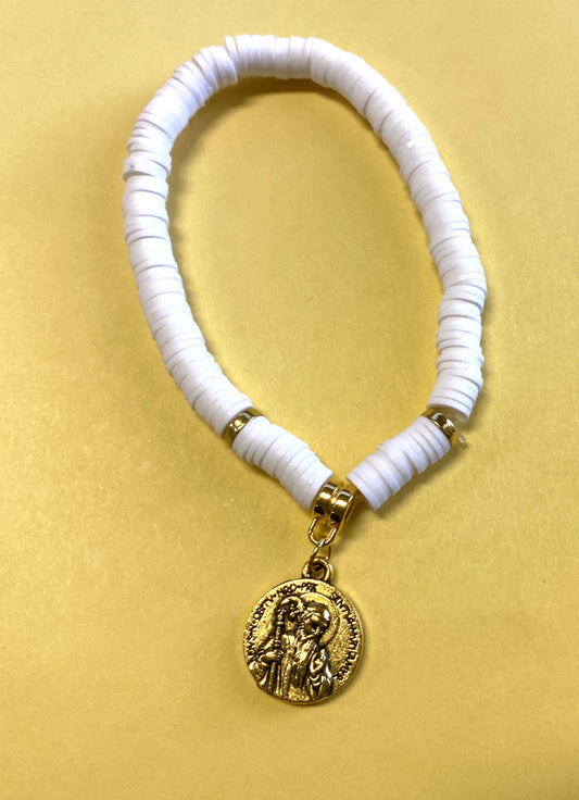 Saint Benedict Medal Puka Shell  7" Bracelet,  New - Bob and Penny Lord