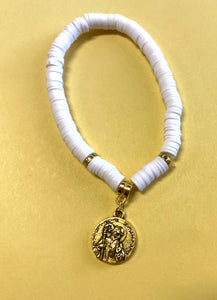 Saint Benedict Medal Puka Shell  7" Bracelet,  New