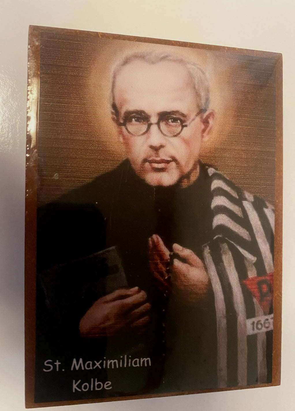 Saint Maximilian Kolbe Wood Rosary Box with Rosary, New from Colombia