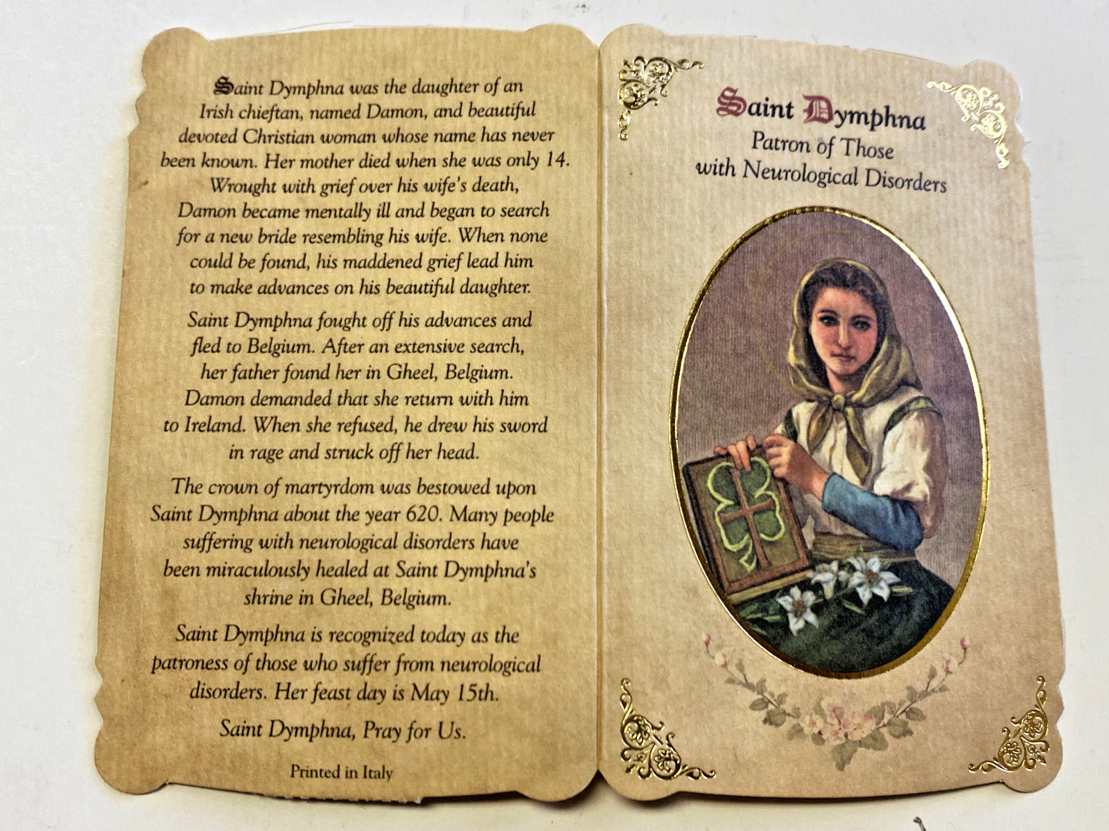 Saint Dymphna Patron of  Neurological Disorders Prayer & Medal Card, New Italy - Bob and Penny Lord