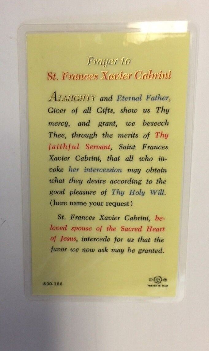Saint Frances Xavier Cabrini Prayer Card, Laminated, New - Bob and Penny Lord