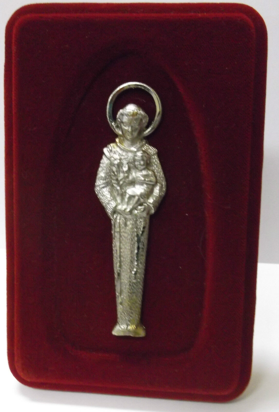 Saint Anthony Pewter Image  Engraved on Red Velvet Frame, New from Italy