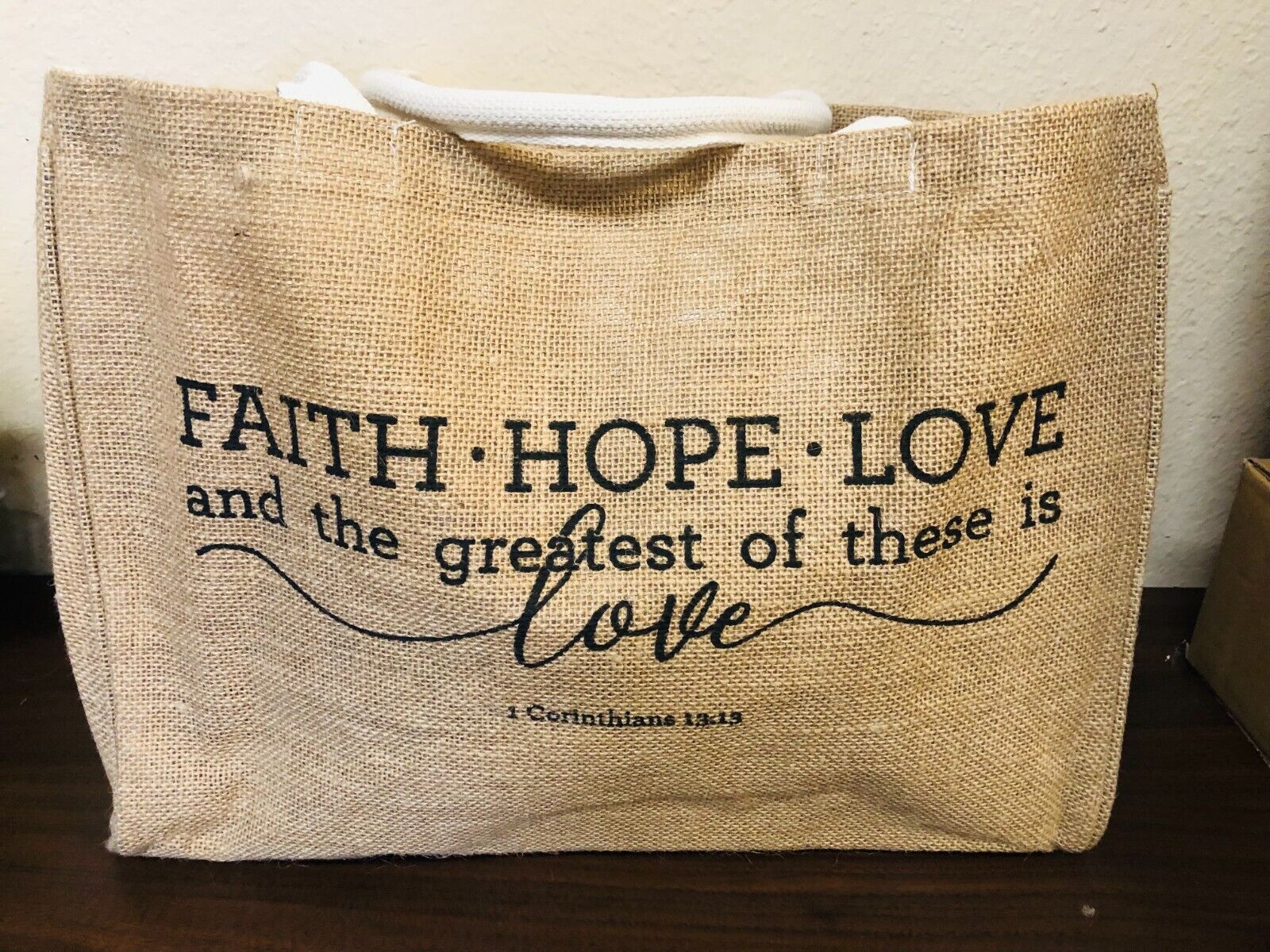 Jute Large Tote, "Faith-Hope-Love", 16.5"x12.5", New - Bob and Penny Lord