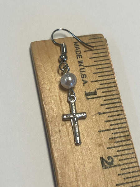 Crucifix & Faux Pearl Earrings, Silvertone, New