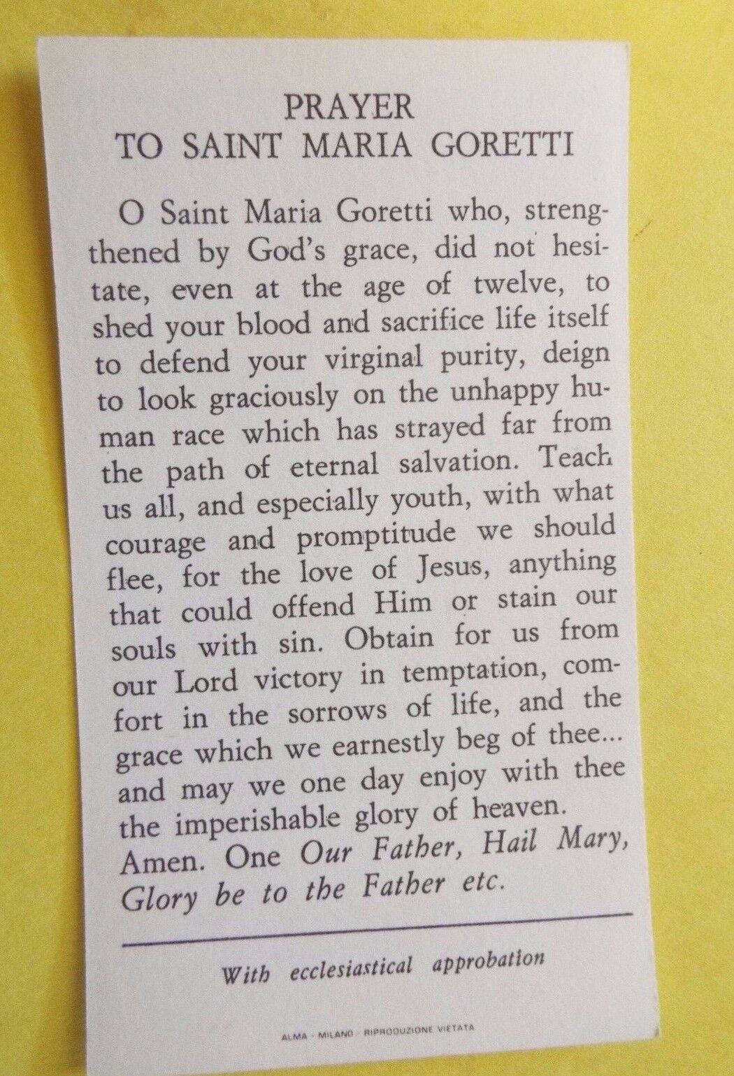 Saint Maria Goretti Authentic Prayer Card, New from Italy